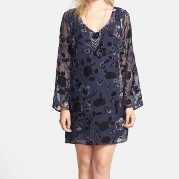 Velvet Burnout Mini Dress Baby Doll Spirit Of Grace Floral Navy Size M Boho Chic - Picture 1 of 11
